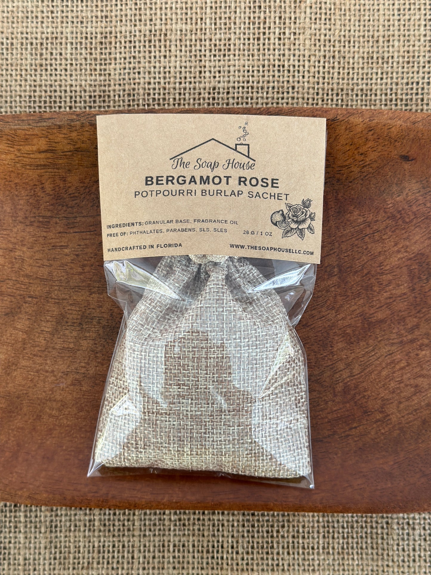 Potpourri Burlap Sachet- Bergamot Rose
