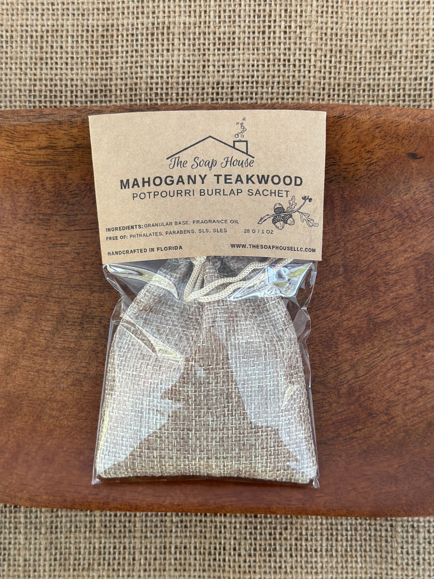 Potpourri Burlap Sachet- Mahogany Teakwood